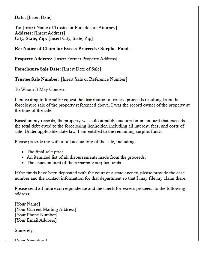 Post Foreclosure Excess Proceeds Letter