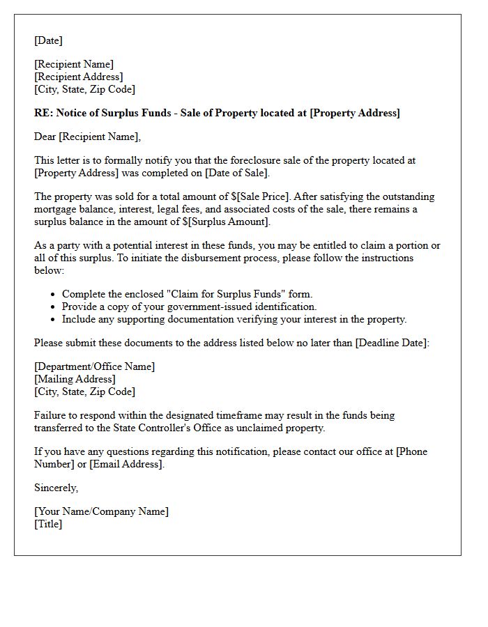 Post Sale Surplus Disbursement Notification Letter