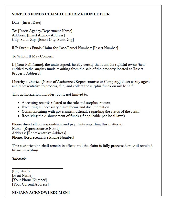 Surplus Funds Claim Authorization Letter