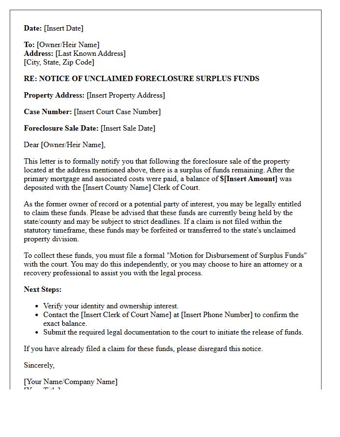 Unclaimed Foreclosure Surplus Notification Letter