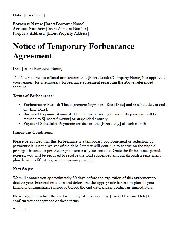 Temporary Forbearance Agreement Notice Letter
