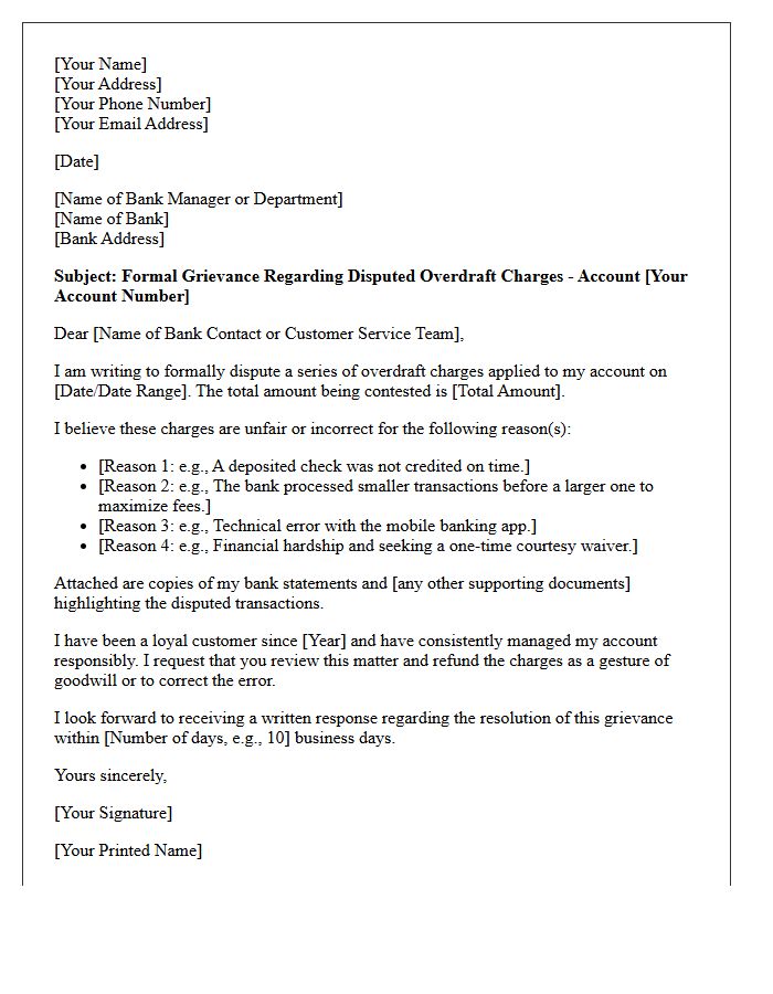 Bank Grievance Letter for Disputed Overdraft Charges