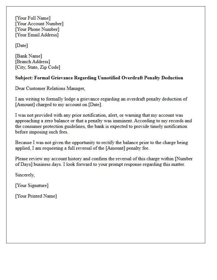 Client Grievance Letter for Unnotified Overdraft Penalty Deduction