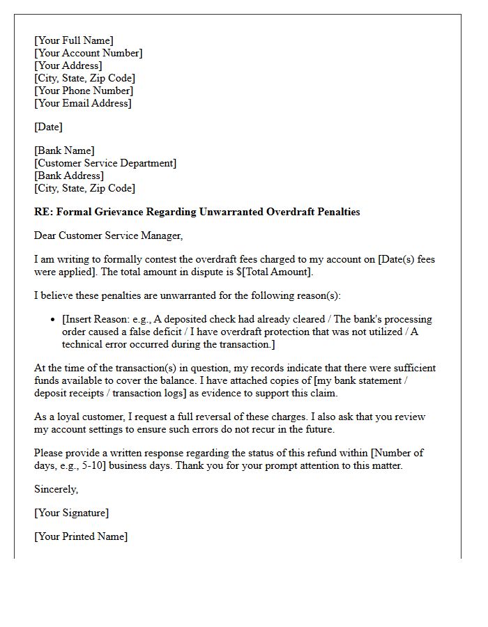 Customer Grievance Letter for Unwarranted Account Overdraft Penalties