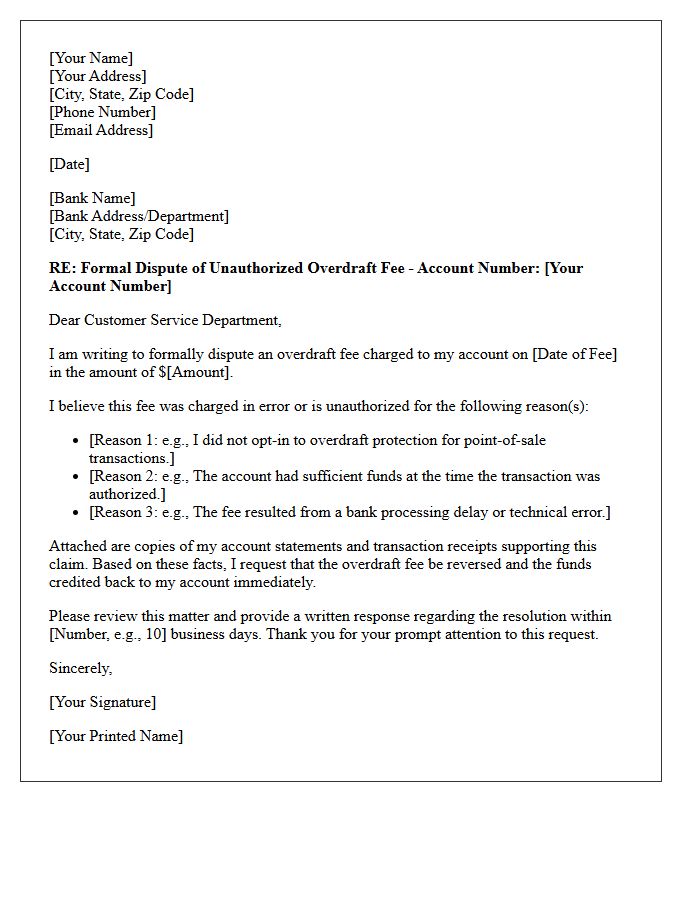 Formal Dispute Letter for Unauthorized Overdraft Fee Deduction