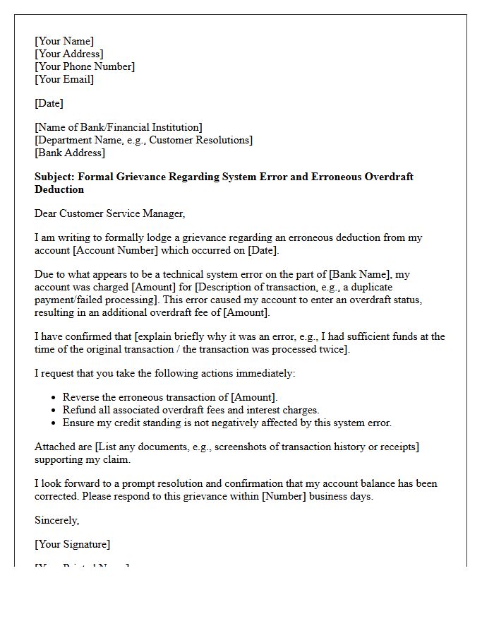 Grievance Letter Concerning System Error Overdraft Deduction