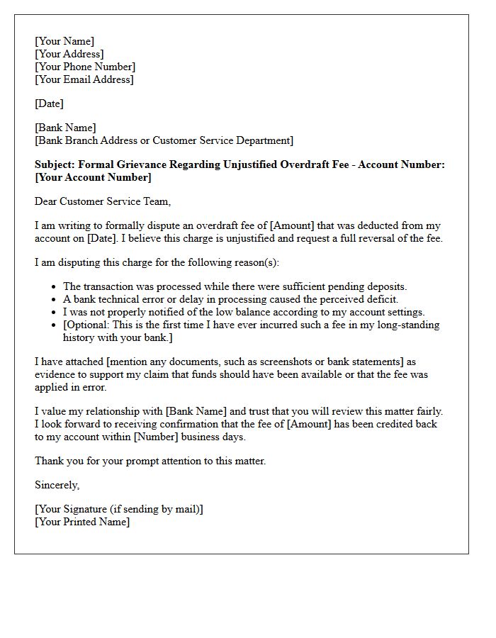 Grievance Letter for Unjustified Overdraft Fee Deduction