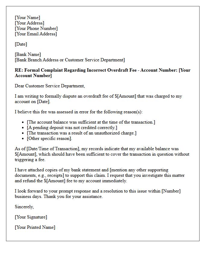 Letter of Complaint for Incorrect Overdraft Fee Assessment