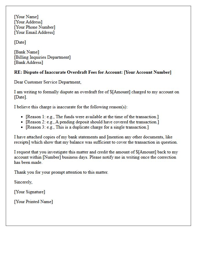 Letter of Dispute for Inaccurate Overdraft Deduction