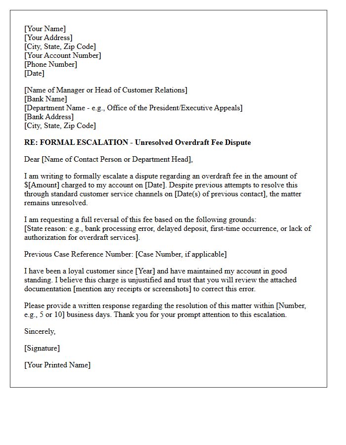 Letter of Escalation for Unresolved Overdraft Fee Deduction