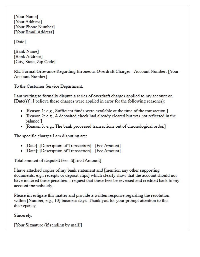 Letter of Grievance Regarding Erroneous Overdraft Charges