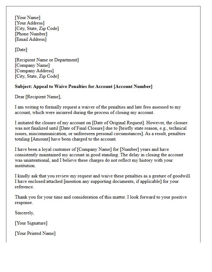 Appeal Letter for Waiving Penalties Due to Delayed Account Closure