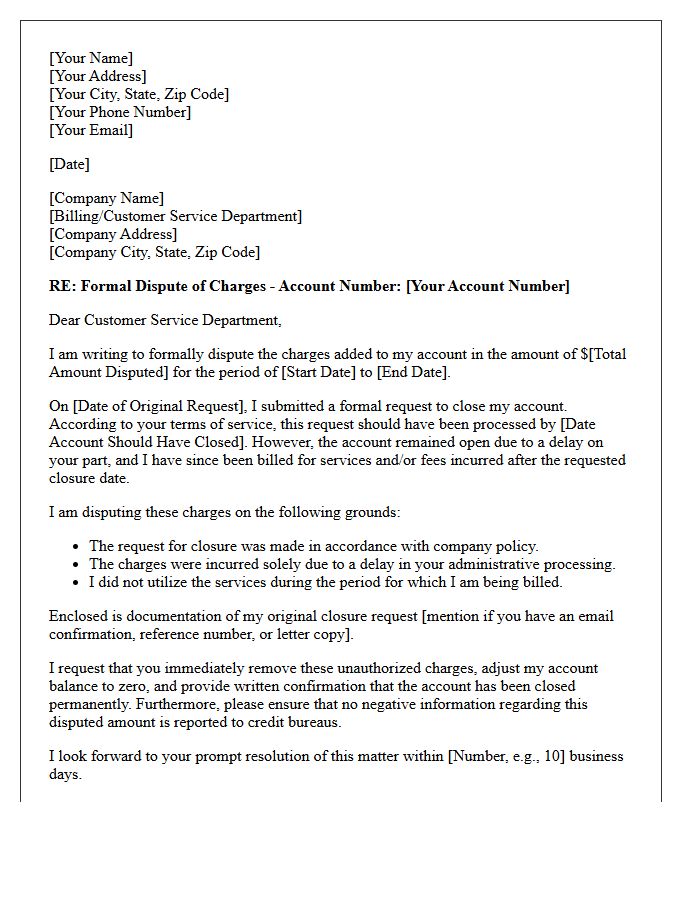 Dispute Letter for Unlawful Charges During Account Closure Delay