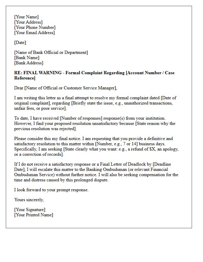 Final Warning Letter Prior to Banking Ombudsman Escalation