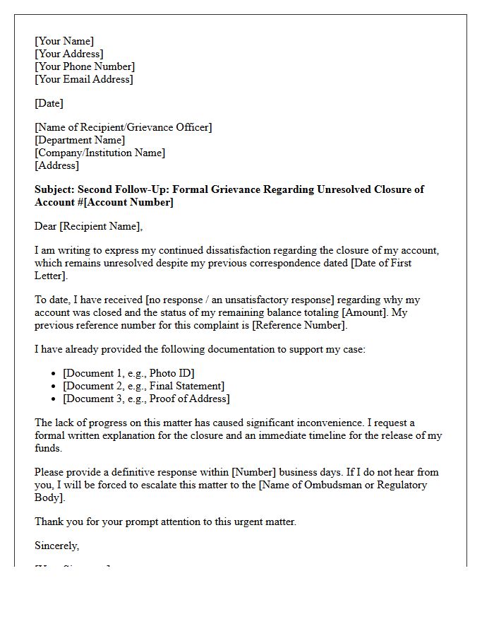 Follow-Up Grievance Letter on Unresolved Account Closure