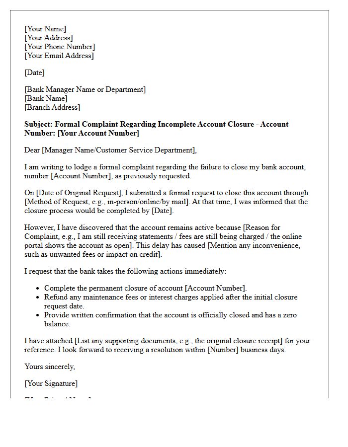Formal Complaint Letter Regarding Incomplete Bank Account Closure