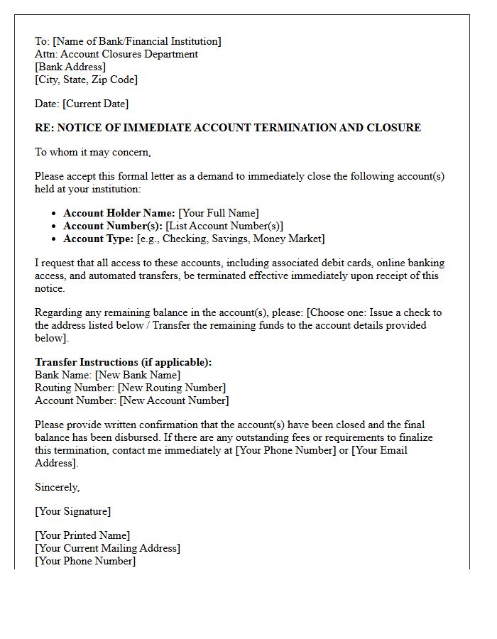 Notice Letter Demanding Immediate Bank Account Termination