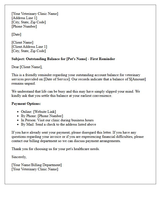 First Reminder Letter for Outstanding Veterinary Bill