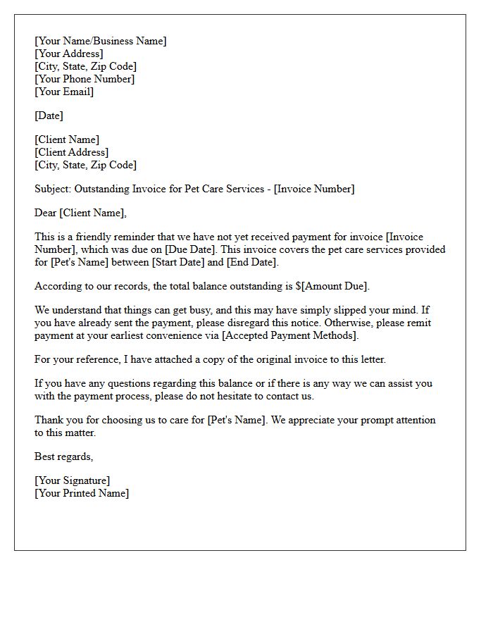 Outstanding Pet Care Invoice Initial Notice Letter