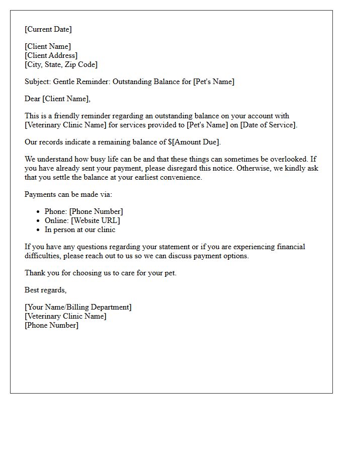 Veterinary Clinic Gentle Reminder Outstanding Balance Letter