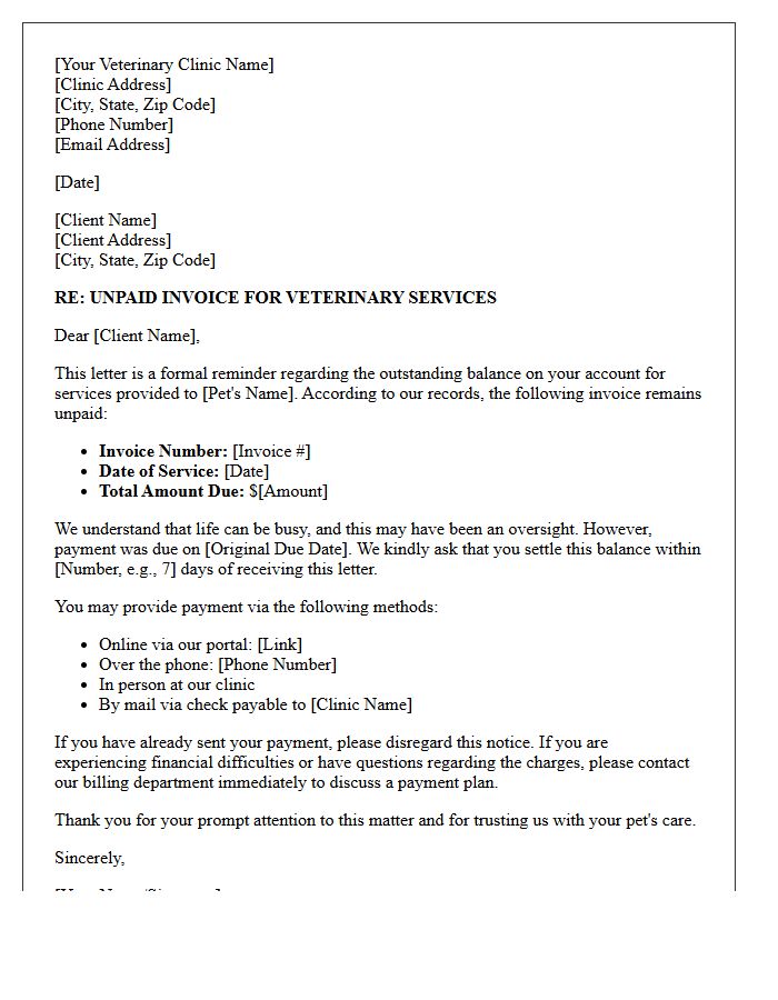 Veterinary Treatment Unpaid Invoice Collection Letter