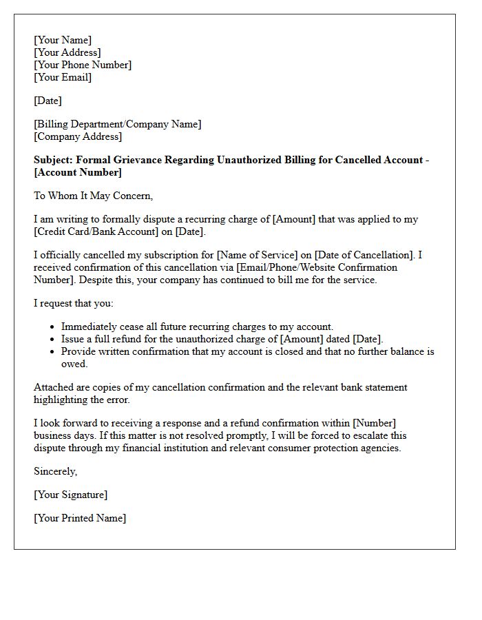 Grievance Letter for Cancelled Service Recurring Billing