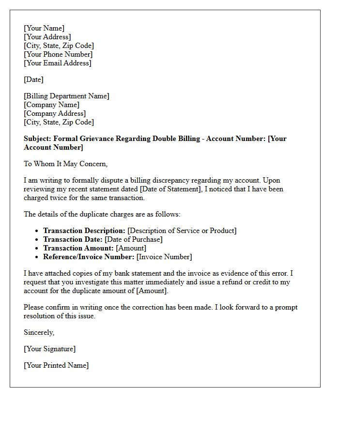 Grievance Letter for Double Billing Discrepancy