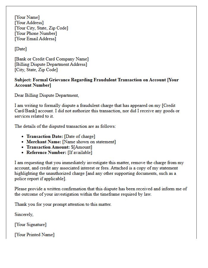 Grievance Letter for Fraudulent Charge Dispute