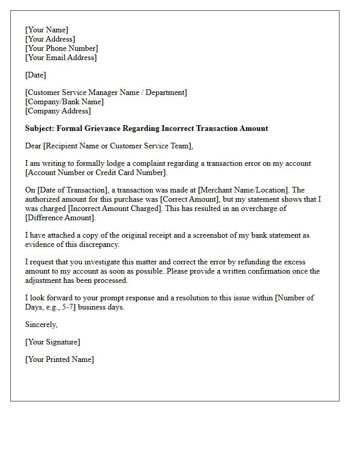 Grievance Letter for Incorrect Transaction Amount