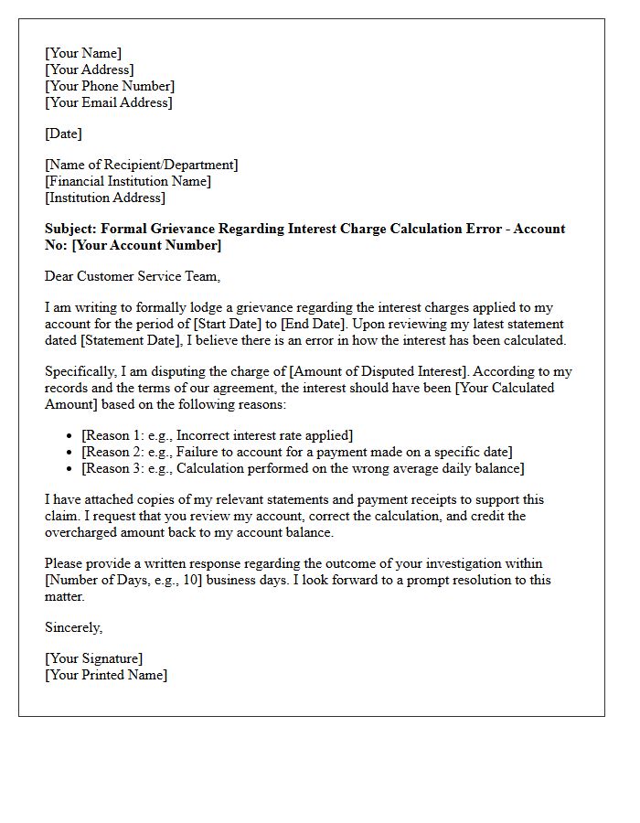 Grievance Letter for Interest Charge Calculation Error