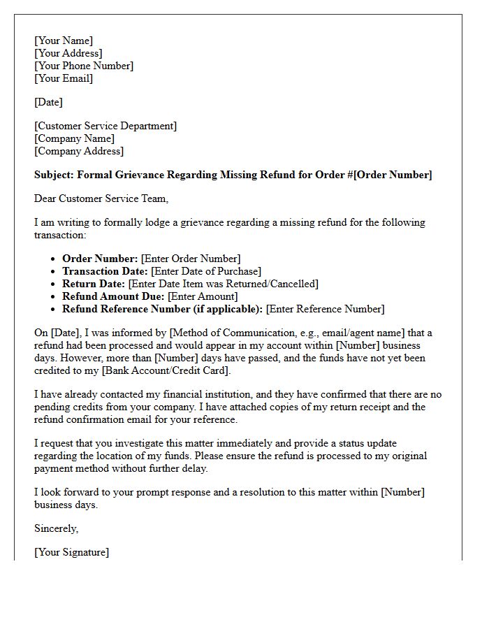 Grievance Letter for Missing Refund Credit