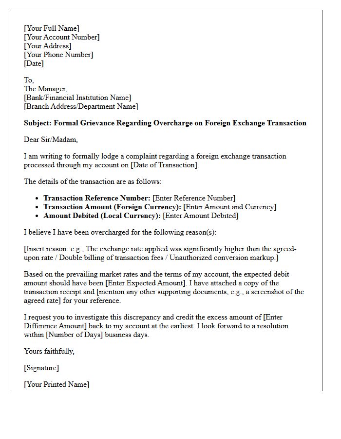Grievance Letter for Overcharge on Foreign Exchange Transaction