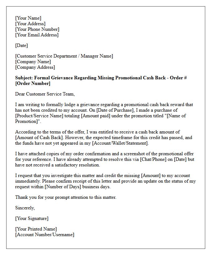 Grievance Letter for Unapplied Promotional Cash Back