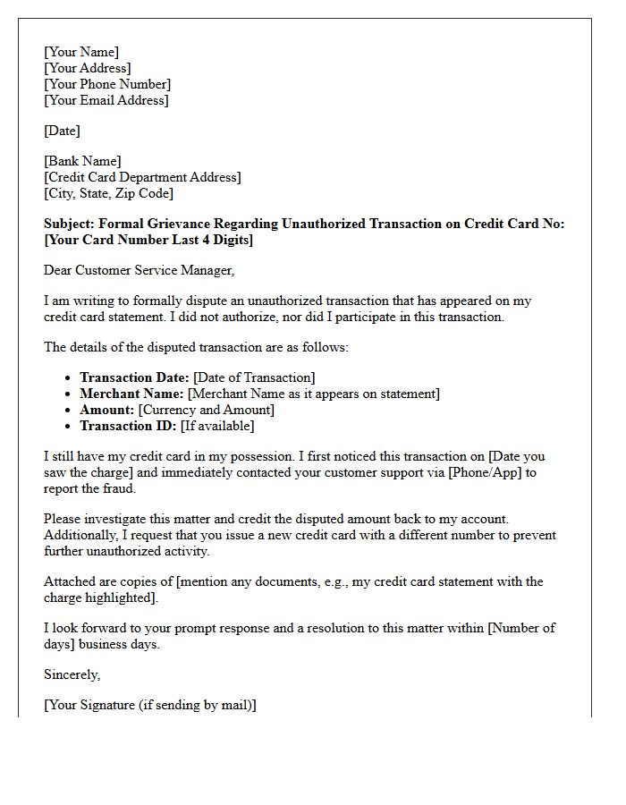 Grievance Letter for Unauthorized Credit Card Transaction