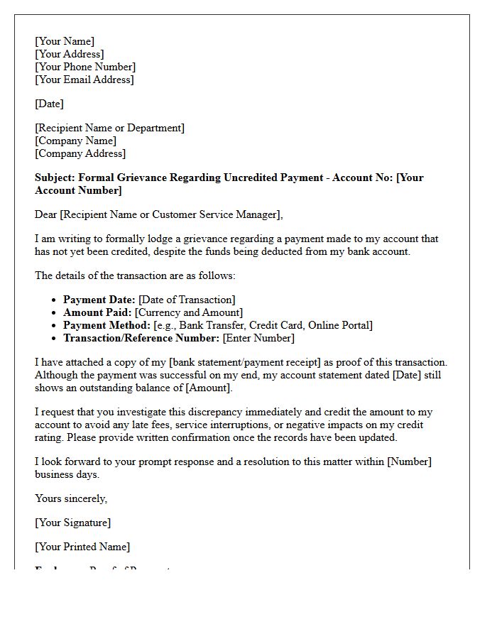 Grievance Letter for Uncredited Payment Discrepancy