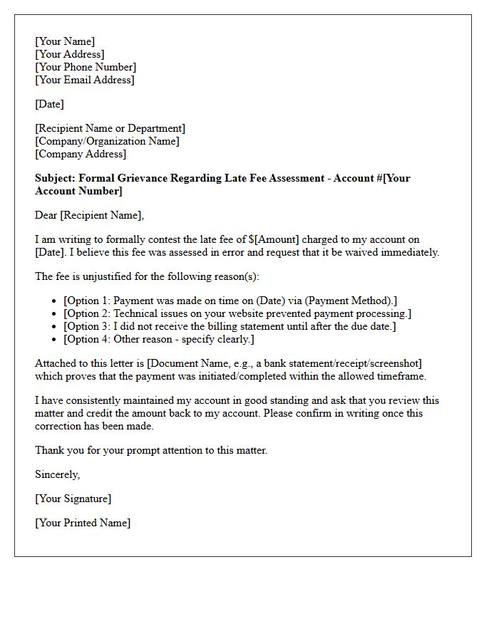 Grievance Letter for Unjustified Late Fee Assessment