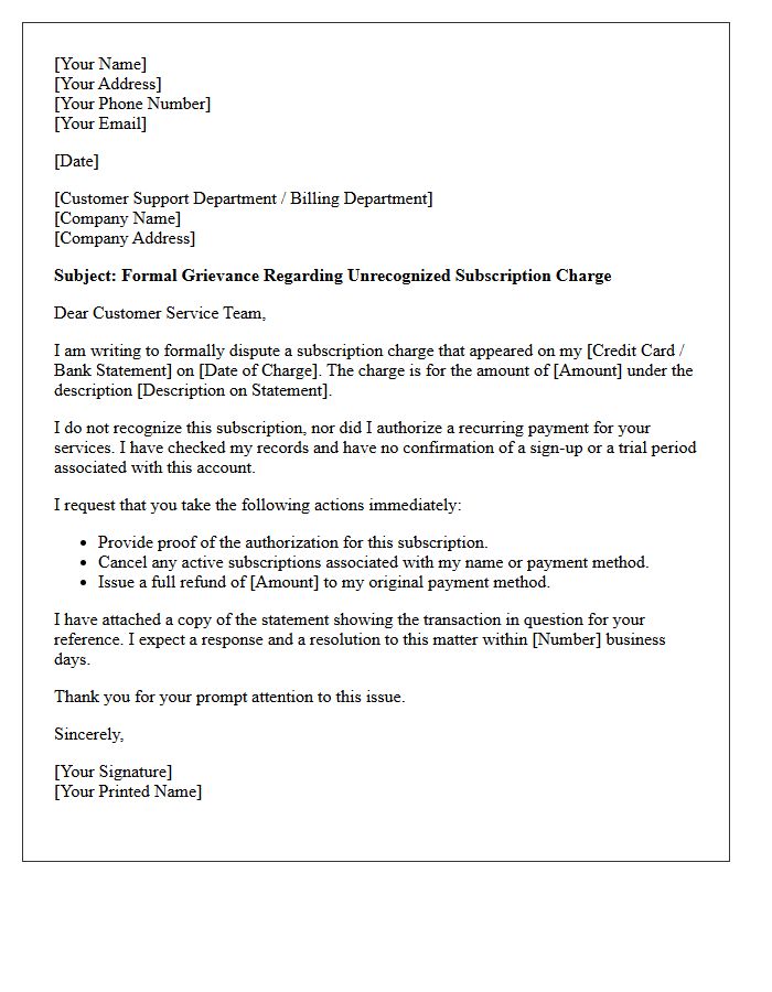 Grievance Letter for Unrecognized Subscription Charge