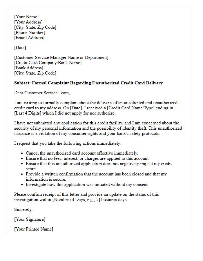 Complaint Letter Regarding Unauthorized Credit Card Delivery