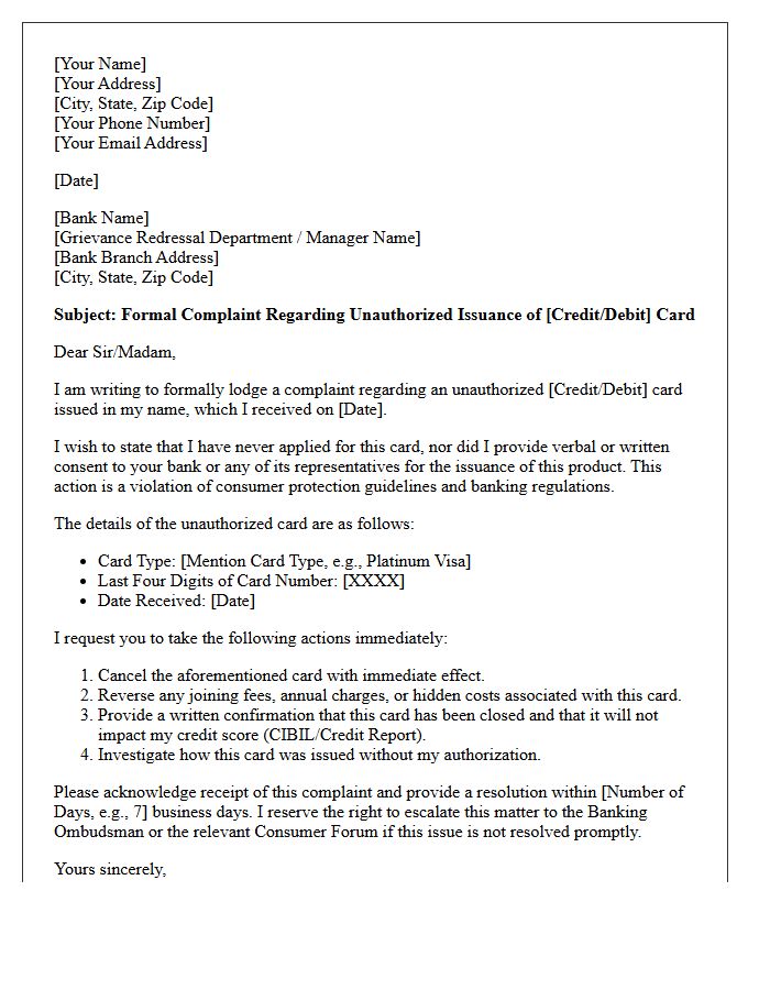 Consumer Grievance Letter for Unauthorized Bank Card Issuance