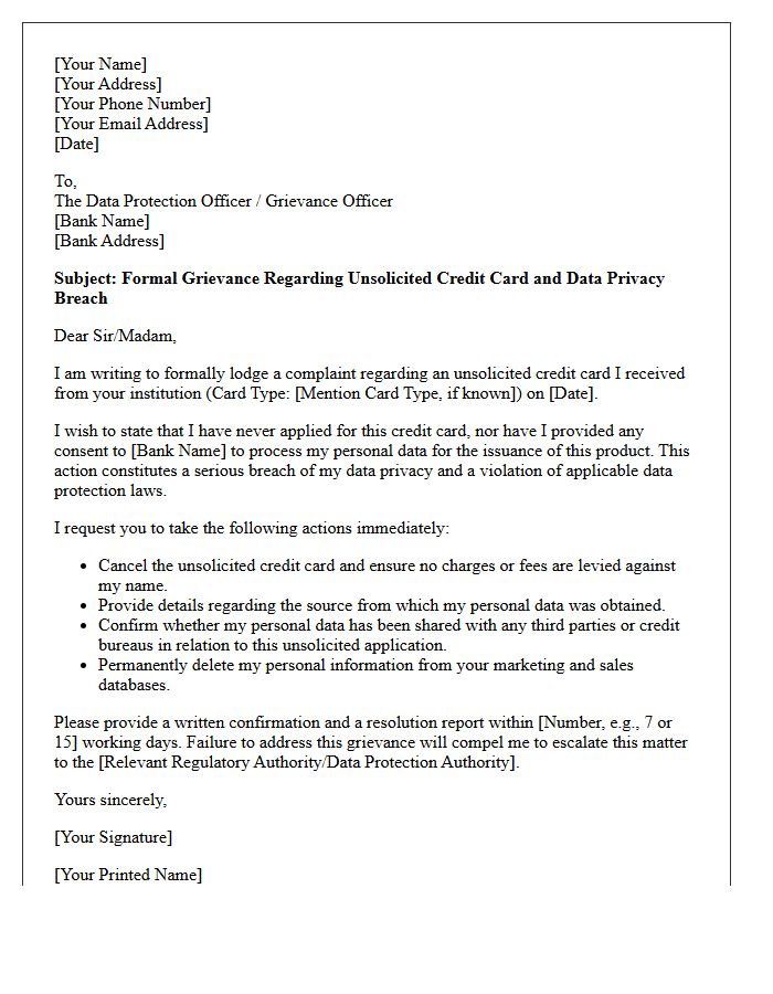 Data Privacy Grievance Letter for Unsolicited Credit Card