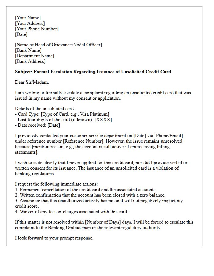 Escalation Letter for Unsolicited Banking Credit Card