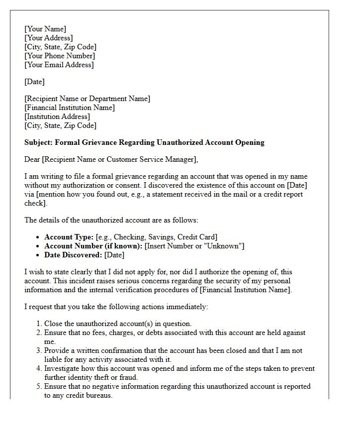 Formal Grievance Letter for Unrequested Account Opening