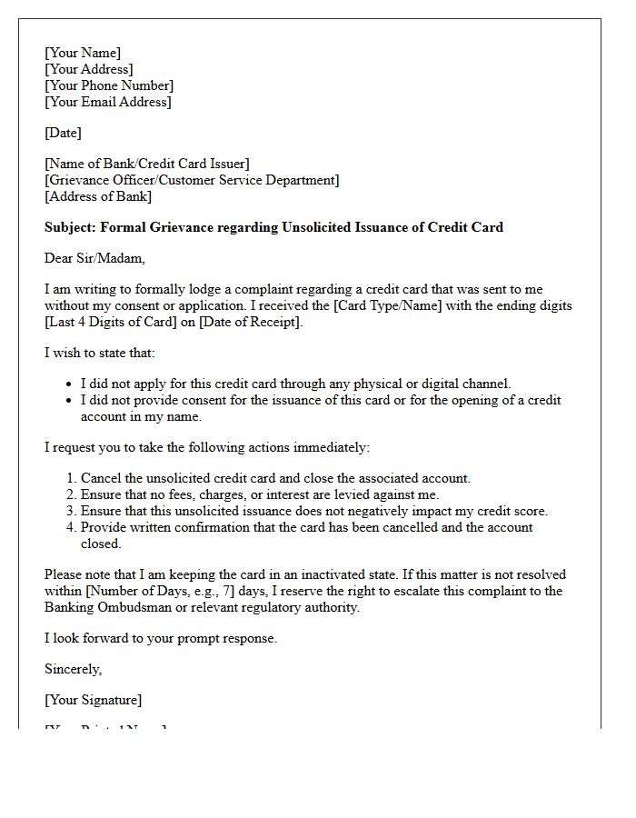 Grievance Letter for Unsolicited Credit Card Issuance