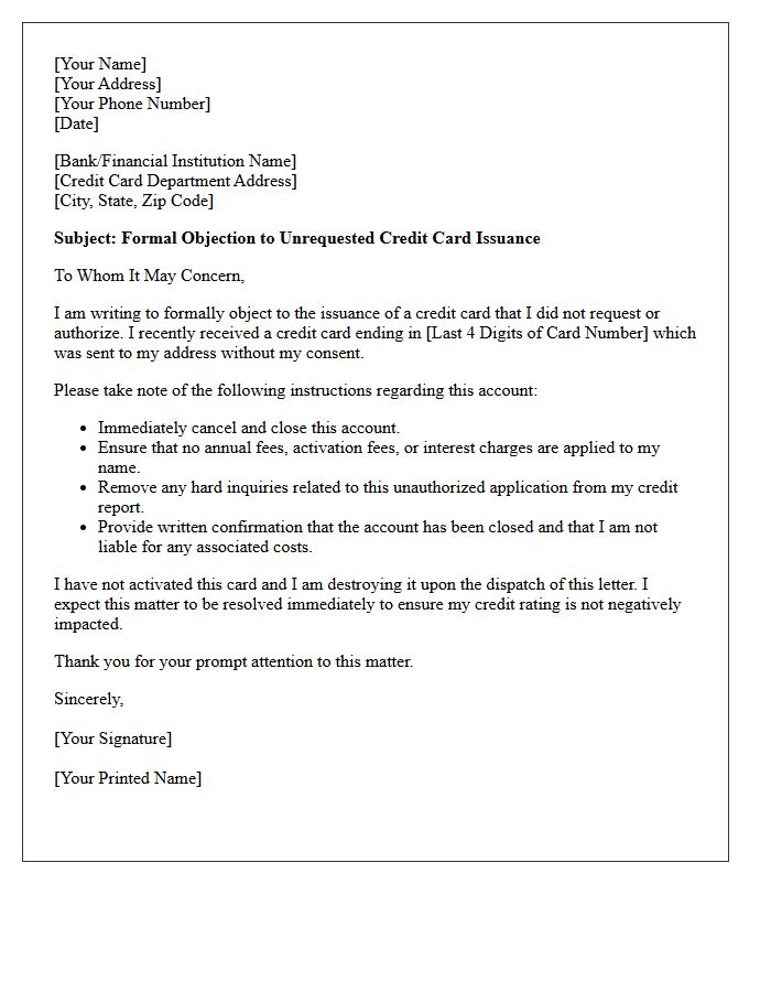 Letter of Objection to Unrequested Credit Card Issuance