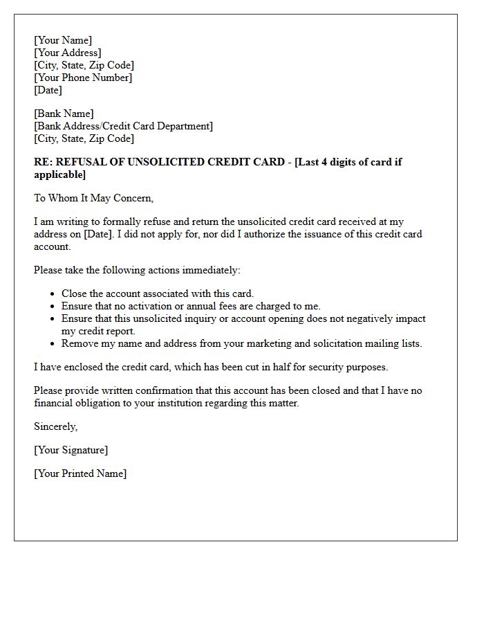 Notice Letter Refusing Unsolicited Bank Credit Card