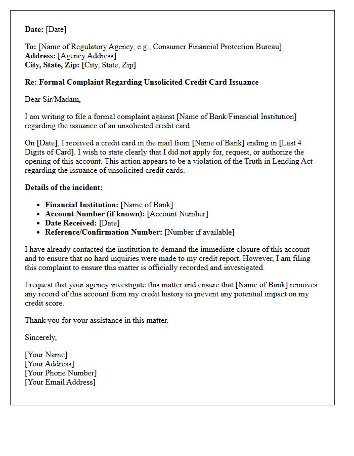 Regulatory Complaint Letter for Unsolicited Credit Card Receipt