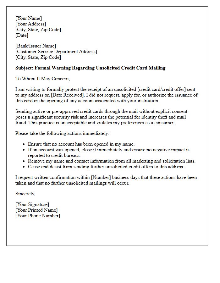 Warning Letter Regarding Unsolicited Credit Card Mailing