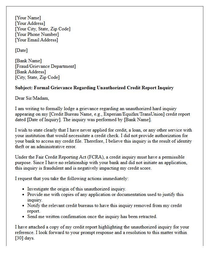 Bank Grievance Letter Concerning Fraudulent Credit Report Inquiry