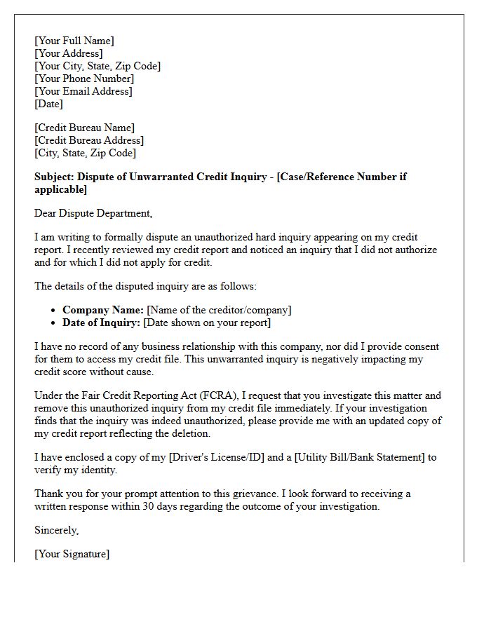 Consumer Grievance Letter Requesting Deletion of Unwarranted Credit Inquiry