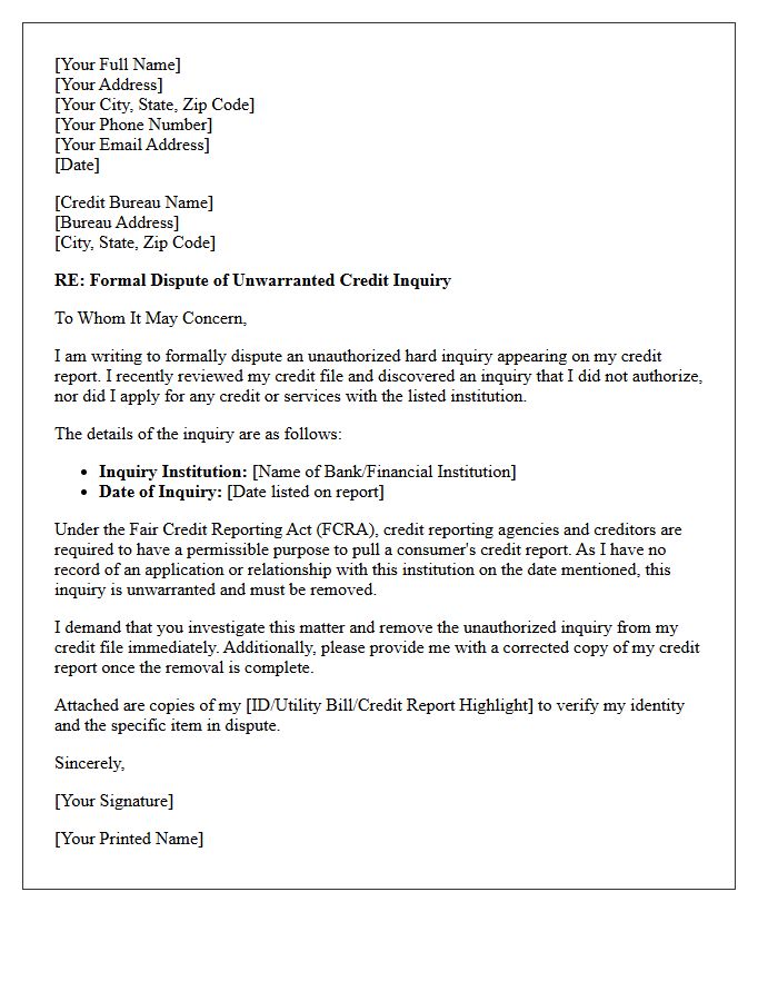Demand Letter for Removal of Unwarranted Banking Credit Inquiry